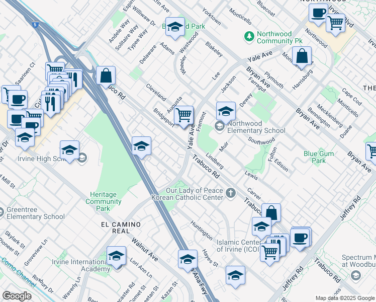 map of restaurants, bars, coffee shops, grocery stores, and more near Yale Ave & Trabuco Rd in Irvine