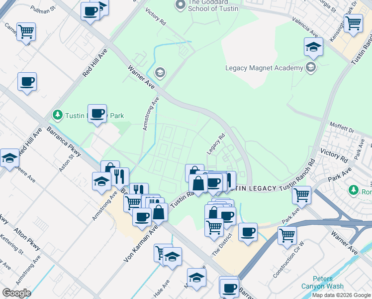 map of restaurants, bars, coffee shops, grocery stores, and more near 16235 Dawn Way in Tustin