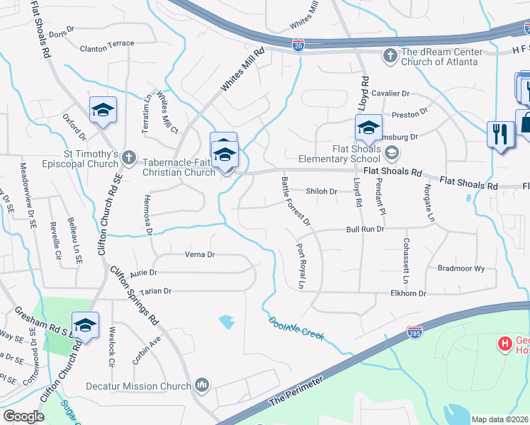 map of restaurants, bars, coffee shops, grocery stores, and more near 2413 Manassas Lane in Decatur