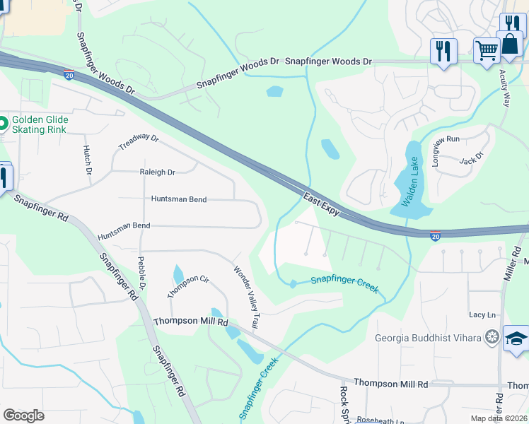 map of restaurants, bars, coffee shops, grocery stores, and more near 4661 Huntsman Bend in Decatur