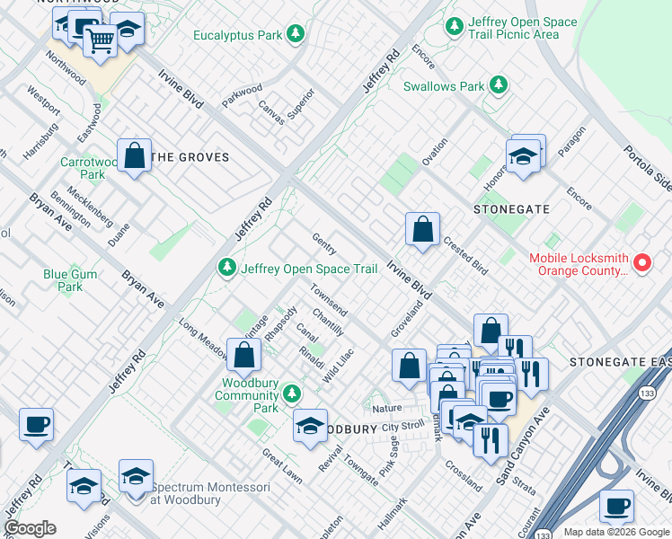 map of restaurants, bars, coffee shops, grocery stores, and more near 57 Stowe in Irvine