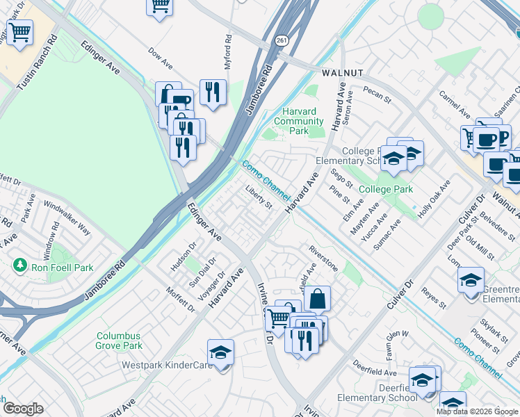 map of restaurants, bars, coffee shops, grocery stores, and more near 187 Liberty Street in Tustin