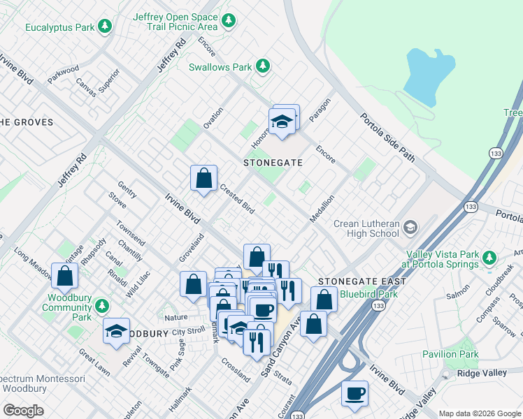 map of restaurants, bars, coffee shops, grocery stores, and more near 60 Pendant in Irvine