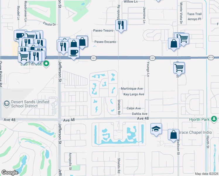 map of restaurants, bars, coffee shops, grocery stores, and more near 80394 Avenue 48 in Indio