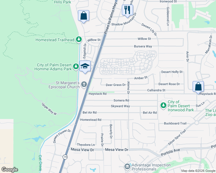 map of restaurants, bars, coffee shops, grocery stores, and more near 72815 Deer Grass Drive in Palm Desert