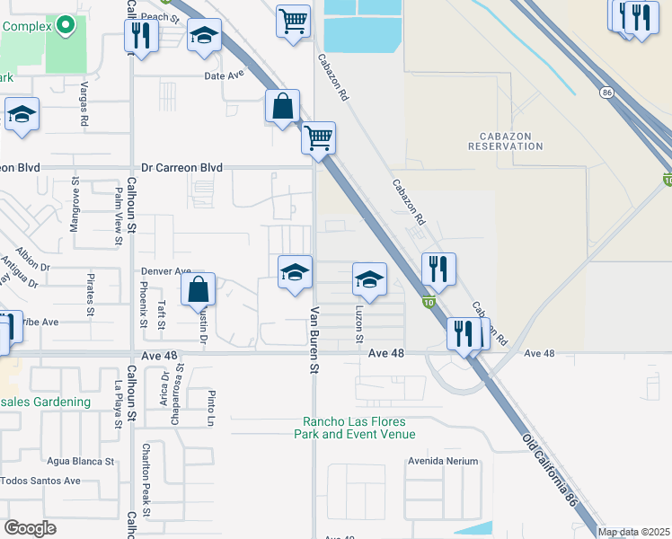 map of restaurants, bars, coffee shops, grocery stores, and more near 84057 Manila Avenue in Indio