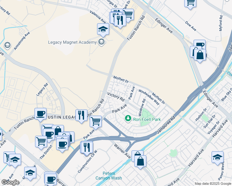map of restaurants, bars, coffee shops, grocery stores, and more near 402 Transport in Tustin