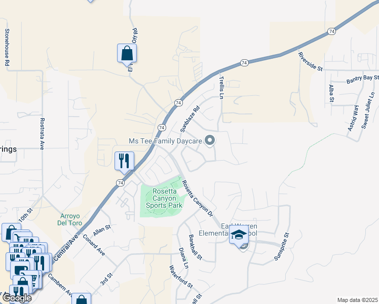 map of restaurants, bars, coffee shops, grocery stores, and more near 45001 Anabell Lane in Lake Elsinore
