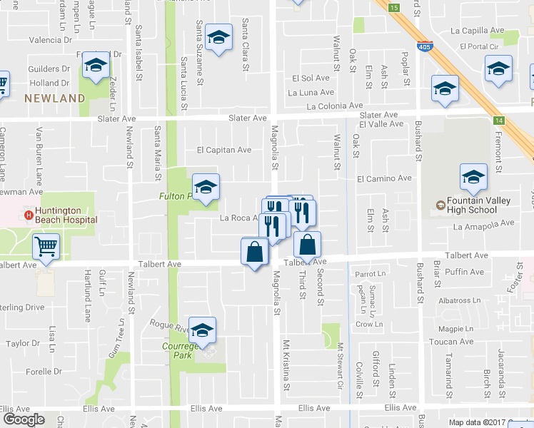 map of restaurants, bars, coffee shops, grocery stores, and more near 17837 Magnolia Street in Fountain Valley
