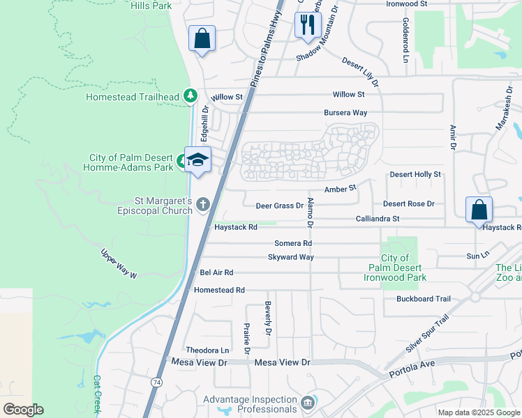 map of restaurants, bars, coffee shops, grocery stores, and more near 72815 Deer Grass Drive in Palm Desert
