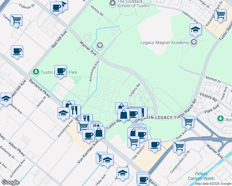 map of restaurants, bars, coffee shops, grocery stores, and more near 16235 Dawn Way in Tustin