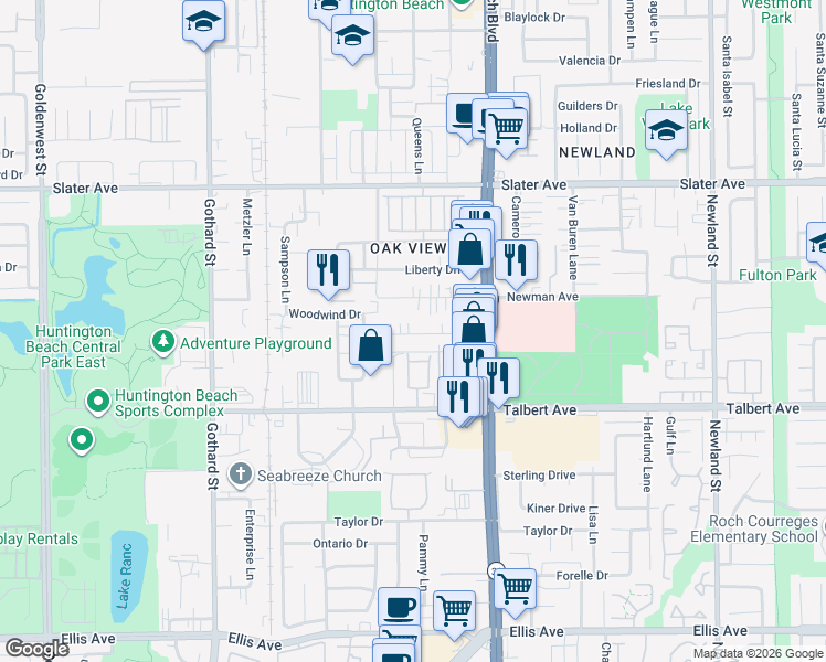 map of restaurants, bars, coffee shops, grocery stores, and more near 7842 Ronald Drive in Huntington Beach