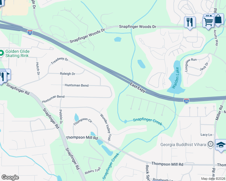map of restaurants, bars, coffee shops, grocery stores, and more near 4661 Huntsman Bend in Decatur