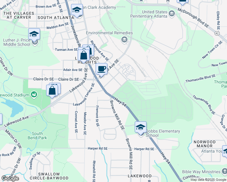 map of restaurants, bars, coffee shops, grocery stores, and more near 330 Schoen Street Southeast in Atlanta