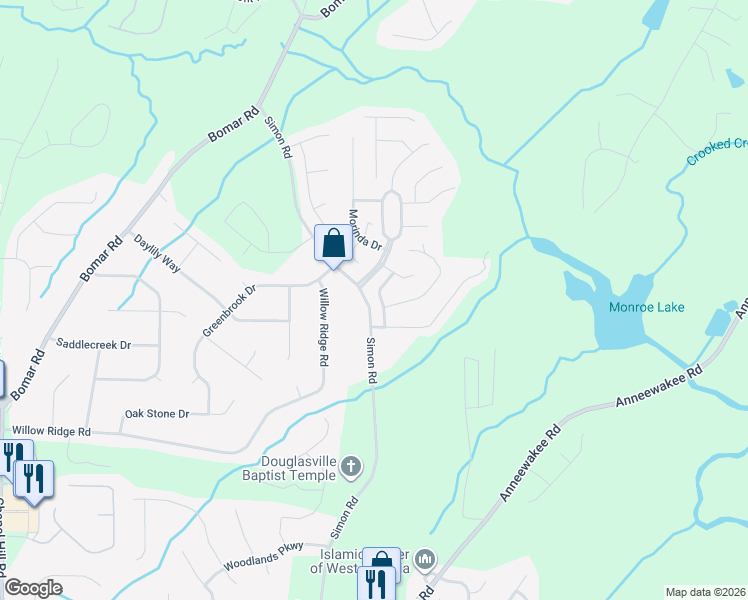 map of restaurants, bars, coffee shops, grocery stores, and more near 3733 Meridian Lane in Douglasville