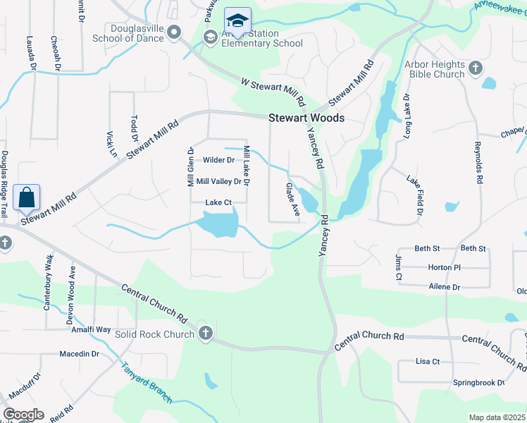 map of restaurants, bars, coffee shops, grocery stores, and more near 5665 Stewart Woods Drive in Douglasville