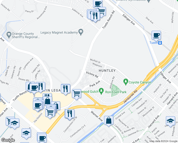 map of restaurants, bars, coffee shops, grocery stores, and more near 354 Transport in Tustin
