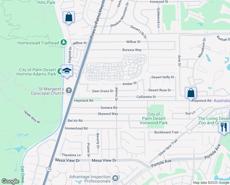 map of restaurants, bars, coffee shops, grocery stores, and more near 72995 Deer Grass Drive in Palm Desert