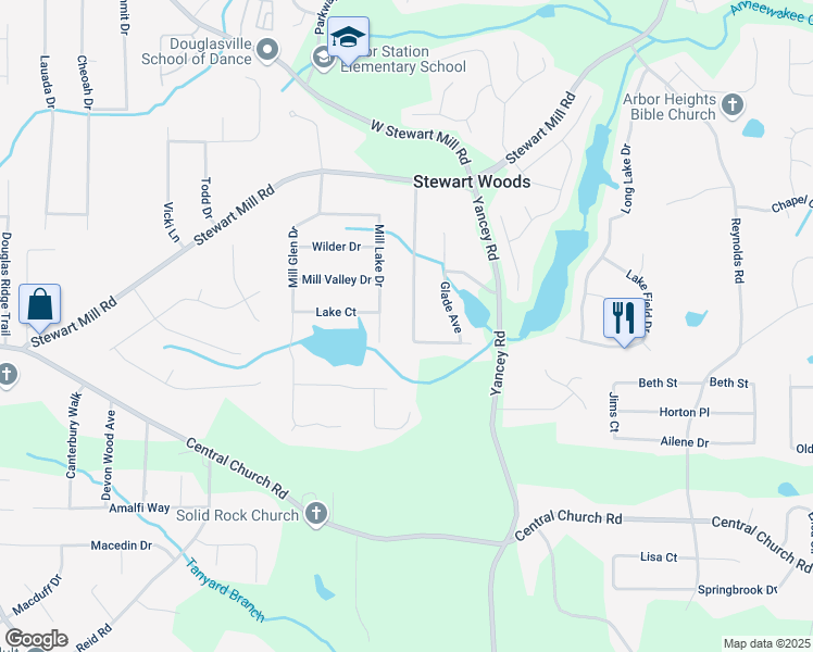 map of restaurants, bars, coffee shops, grocery stores, and more near 5665 Stewart Woods Drive in Douglasville