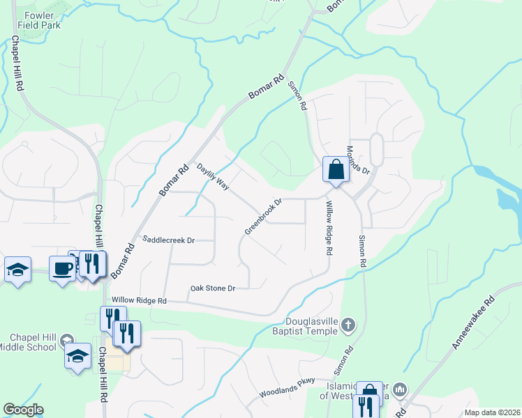 map of restaurants, bars, coffee shops, grocery stores, and more near 3809 Greenback Drive in Douglasville