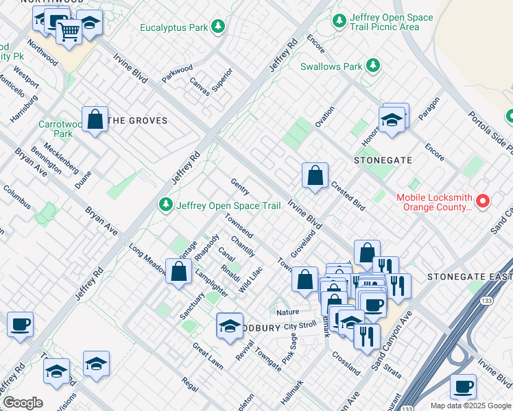 map of restaurants, bars, coffee shops, grocery stores, and more near 62 Gentry in Irvine