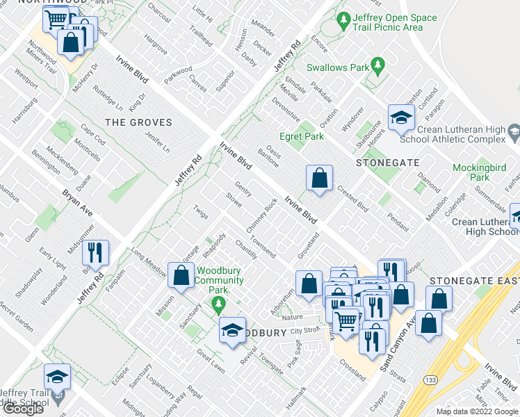 map of restaurants, bars, coffee shops, grocery stores, and more near 62 Gentry in Irvine