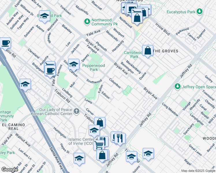 map of restaurants, bars, coffee shops, grocery stores, and more near 52 Fulton in Irvine