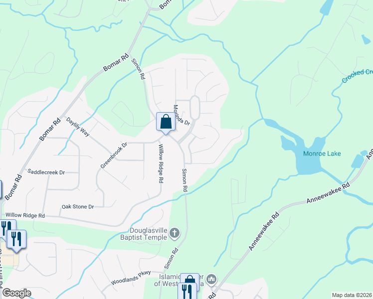 map of restaurants, bars, coffee shops, grocery stores, and more near 3733 Meridian Lane in Douglasville