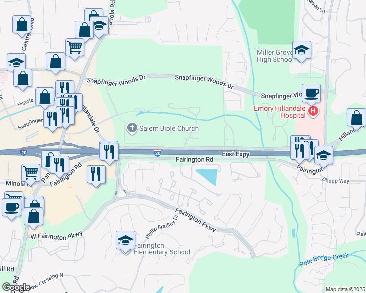 map of restaurants, bars, coffee shops, grocery stores, and more near 5768 Hillandale Drive in Lithonia