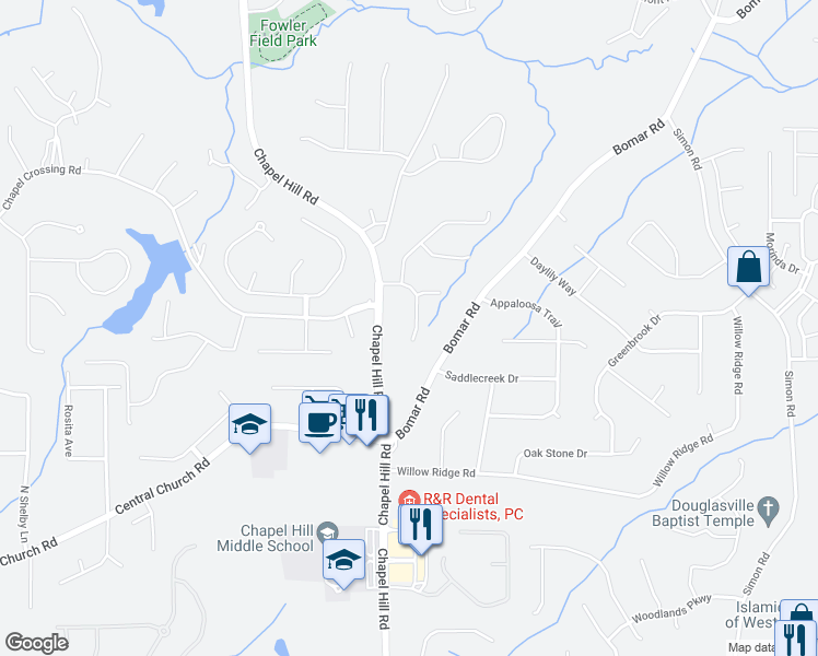 map of restaurants, bars, coffee shops, grocery stores, and more near 3725 Winding Trail Court in Douglasville