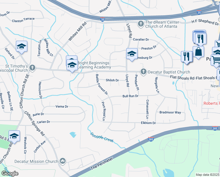 map of restaurants, bars, coffee shops, grocery stores, and more near 2835 Petersburg Court in Decatur