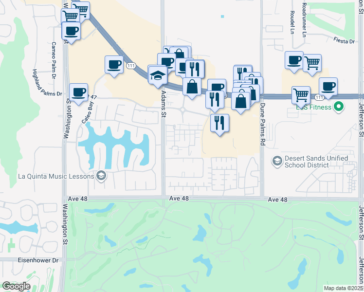 map of restaurants, bars, coffee shops, grocery stores, and more near 47470 Aloe Way in La Quinta