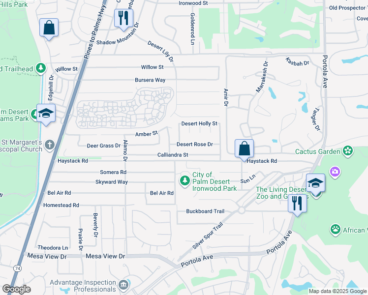 map of restaurants, bars, coffee shops, grocery stores, and more near 73295 Desert Rose Drive in Palm Desert