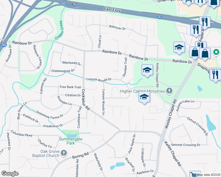 map of restaurants, bars, coffee shops, grocery stores, and more near 2865 Leisure Springs Circle in Decatur