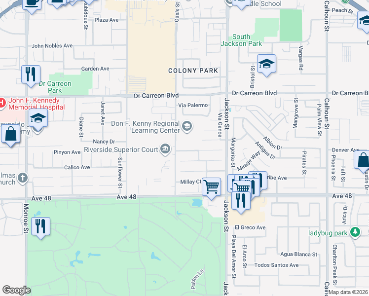 map of restaurants, bars, coffee shops, grocery stores, and more near 82813 Longfellow Court in Indio