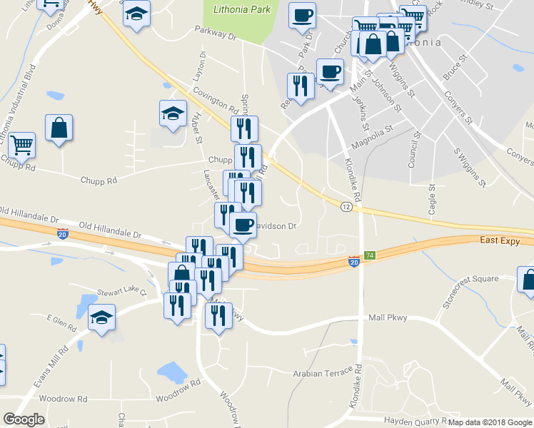 map of restaurants, bars, coffee shops, grocery stores, and more near 2853 Davidson Drive in Lithonia