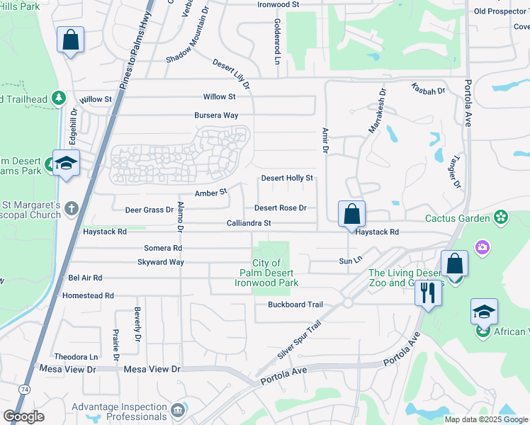 map of restaurants, bars, coffee shops, grocery stores, and more near 73295 Desert Rose Drive in Palm Desert