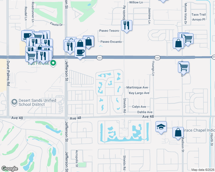 map of restaurants, bars, coffee shops, grocery stores, and more near 80394 Avenue 48 in Indio