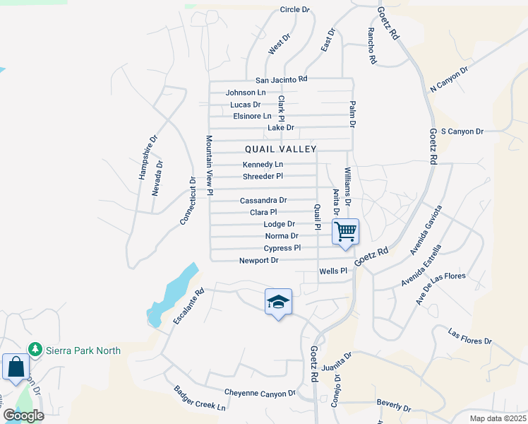 map of restaurants, bars, coffee shops, grocery stores, and more near Clara Place in Menifee