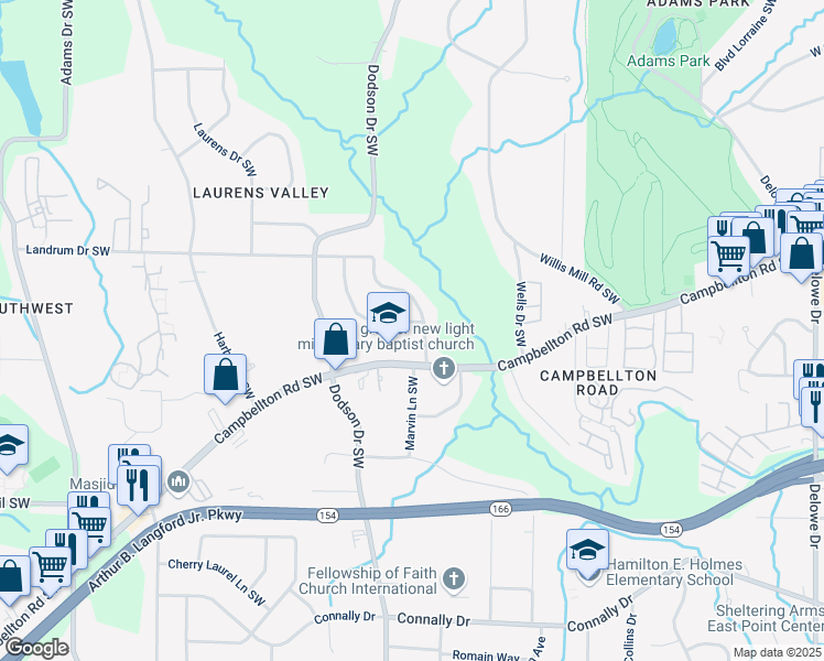 map of restaurants, bars, coffee shops, grocery stores, and more near 1932 Sandringham Drive Southwest in Atlanta