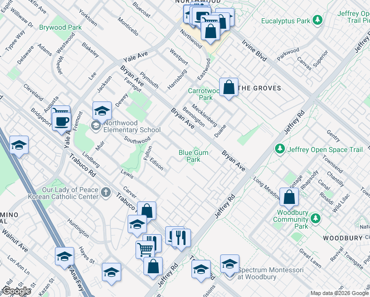 map of restaurants, bars, coffee shops, grocery stores, and more near 8 Columbus in Irvine