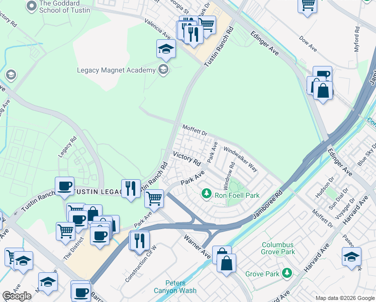 map of restaurants, bars, coffee shops, grocery stores, and more near 402 Transport in Tustin