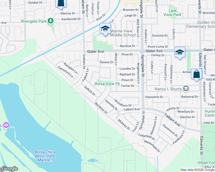 map of restaurants, bars, coffee shops, grocery stores, and more near 5642 Brighton Drive in Huntington Beach