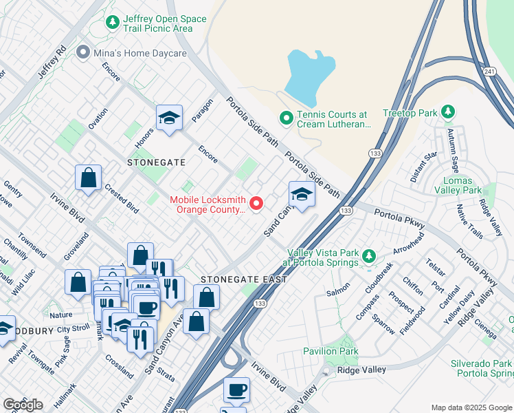 map of restaurants, bars, coffee shops, grocery stores, and more near 43 Somerton in Irvine