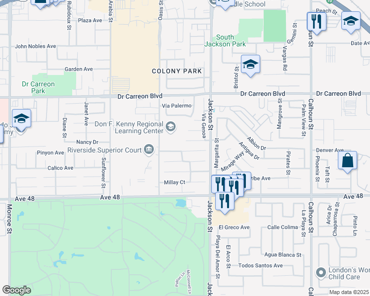 map of restaurants, bars, coffee shops, grocery stores, and more near 82882 Longfellow Court in Indio