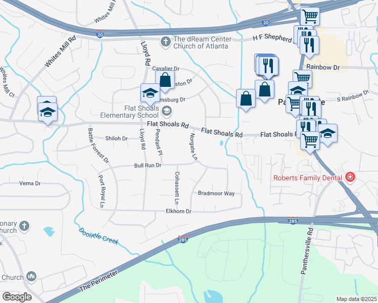 map of restaurants, bars, coffee shops, grocery stores, and more near 2835 Norgate Lane in Decatur