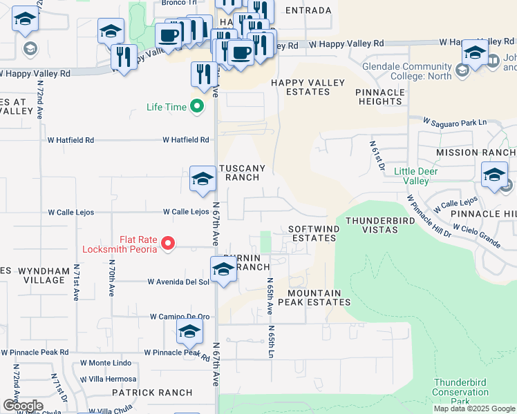 map of restaurants, bars, coffee shops, grocery stores, and more near 6515 West Misty Willow Lane in Glendale