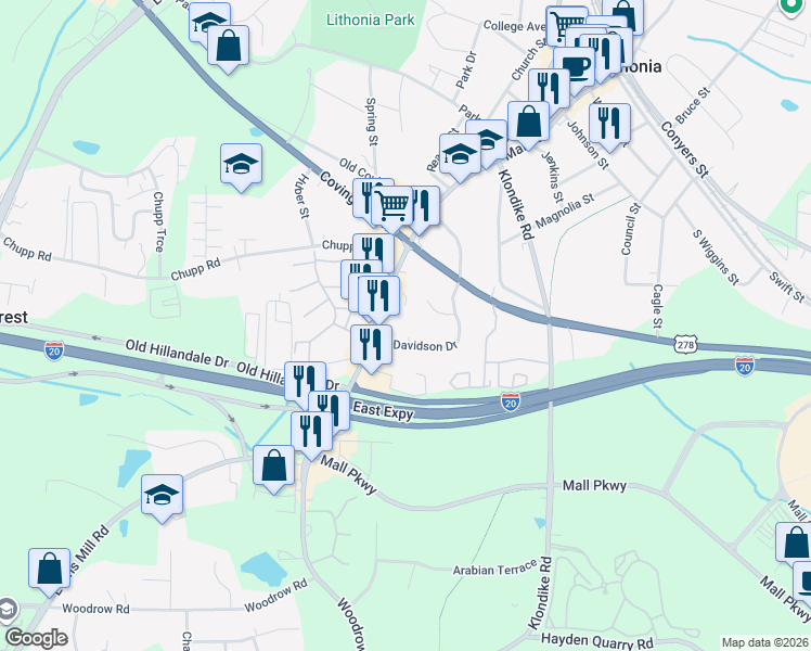 map of restaurants, bars, coffee shops, grocery stores, and more near 2853 Davidson Drive in Lithonia