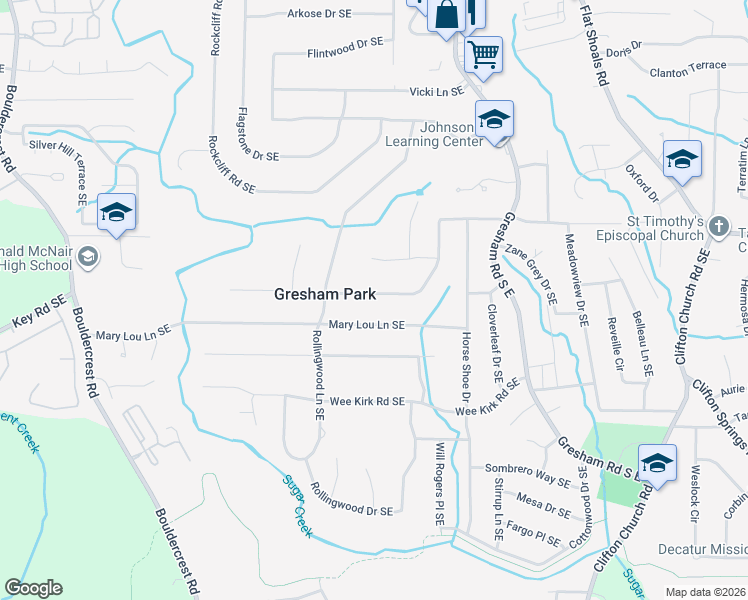 map of restaurants, bars, coffee shops, grocery stores, and more near 1867 Boulderview Drive Southeast in Atlanta