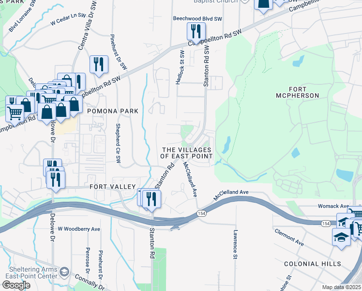 map of restaurants, bars, coffee shops, grocery stores, and more near 1916 Stanton Road in East Point